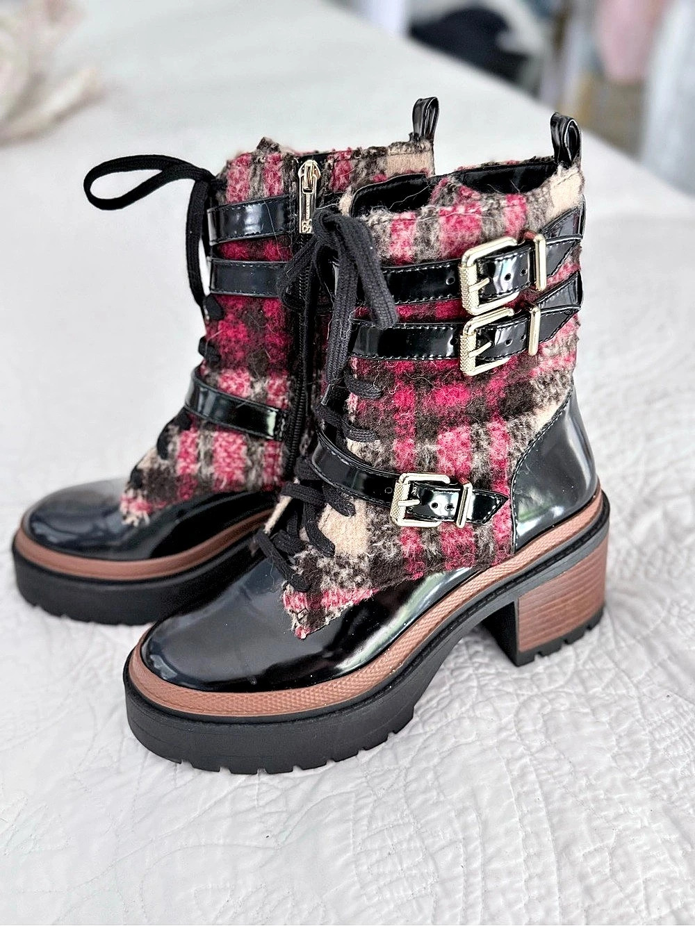 Jessica Simpson Juelna Plaid Combat Boots in Black & Red